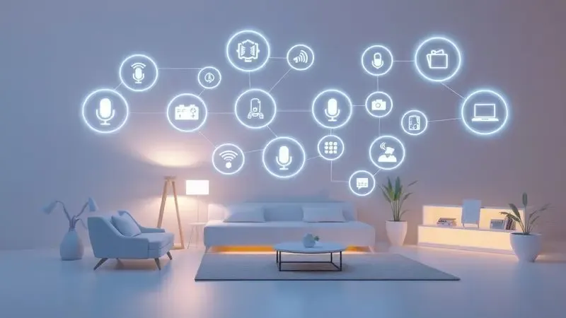 Conceito visual de ecossistema de casa inteligente com ícones brilhantes de comando de voz e conectividade sem fio.