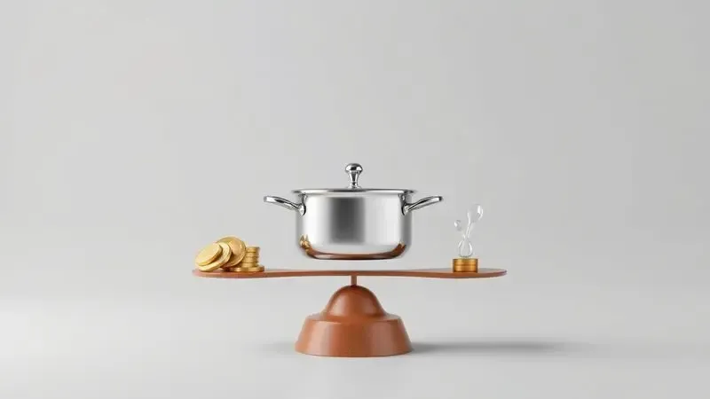 Ilustração conceitual comparando durabilidade e valor de investimento em utensílios de cozinha.