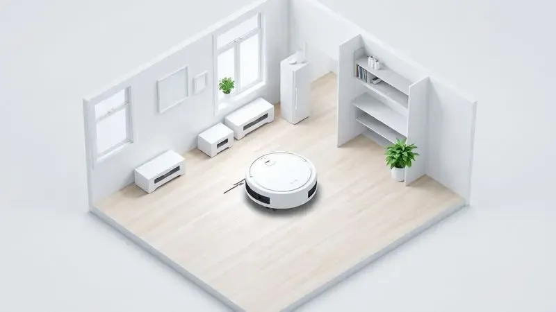 Renderização 3D de um layout de apartamento moderno mostrando a navegação eficiente de um robô aspirador.