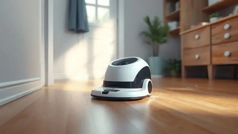 Renderização digital de um robô aspirador limpando um piso de madeira impecável em um ambiente doméstico acolhedor.
