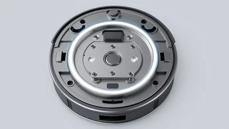 Representação artística dos contatos de cobre para carregamento na parte inferior de um aspirador robô.