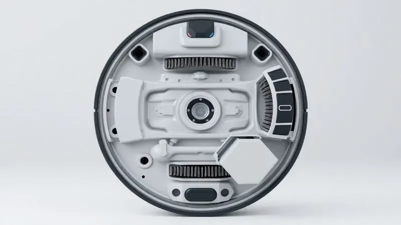 Visão técnica e conceitual da manutenção das escovas e do reservatório de um aspirador robô.