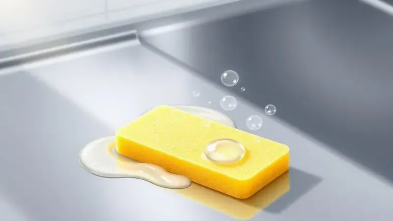 Esponja macia limpando superfície de aço inox com espuma de sabão suave em ambiente minimalista.