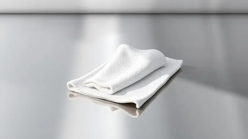 Ilustração em 3D de um pano macio limpando uma superfície de aço inox, destacando o brilho e a limpeza diária.