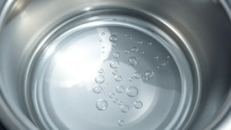 Ilustração de uma superfície interna de panela limpa e brilhante com gotas de água refletindo luz suave.