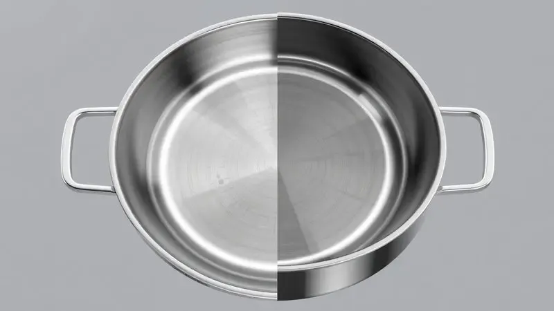Ilustração conceitual da restauração do brilho do fundo de uma panela de metal após a limpeza.
