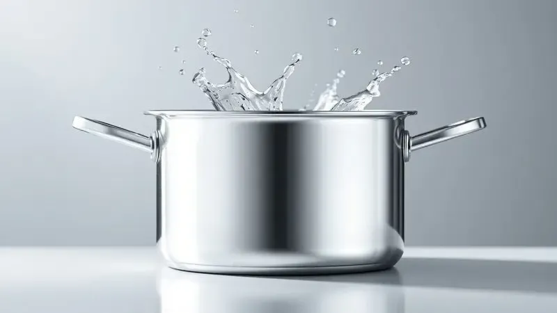 Ilustração de uma panela de aço inox brilhante e limpa com reflexos de luz suaves, sugerindo facilidade de manutenção.
