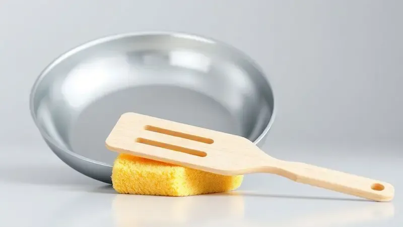 Representação visual de uma esponja macia e utensílios de madeira ao lado de uma panela impecável, indicando limpeza segura.
