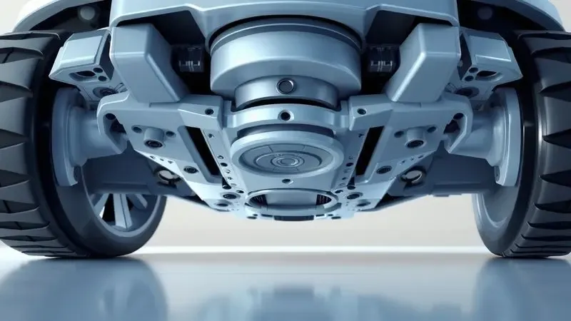 Ilustração técnica detalhada de sensores ópticos e rodas de um robô aspirador em estilo digital.