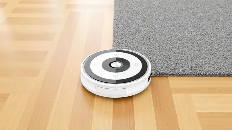 Renderização 3D de um robô aspirador limpando diferentes tipos de superfícies como madeira e tapete de forma eficiente.