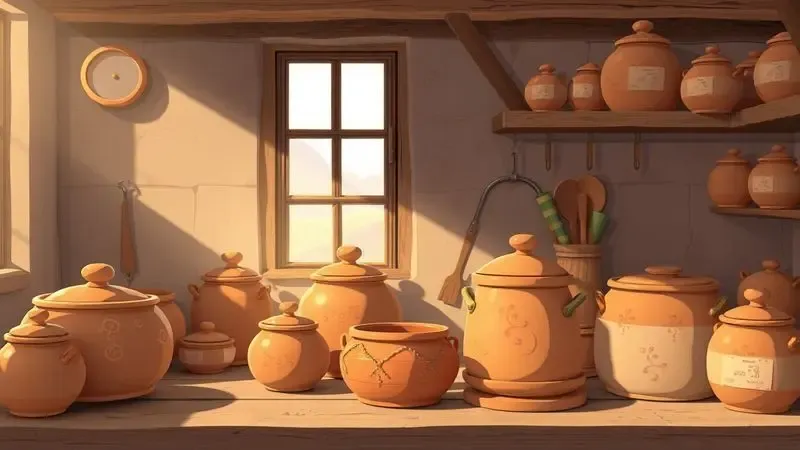 Ilustração artística de uma cozinha rústica e acolhedora com diversos potes e jarros de barro sem marca.