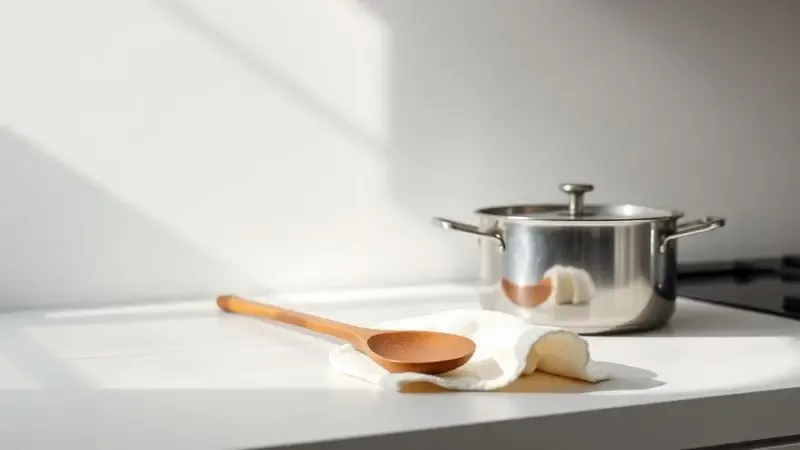 Cena minimalista ilustrando cuidados e manutenção correta de utensílios de cozinha para maior durabilidade.