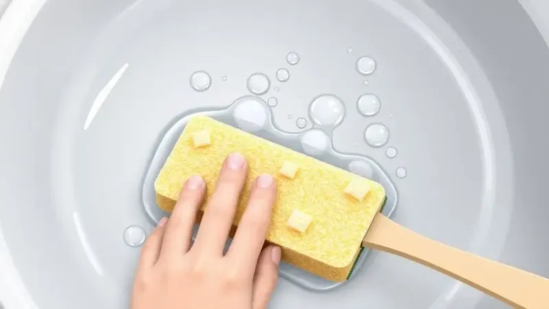 Ilustração digital de uma esponja macia e água limpando suavemente a superfície lisa de uma panela de cerâmica para conservação.