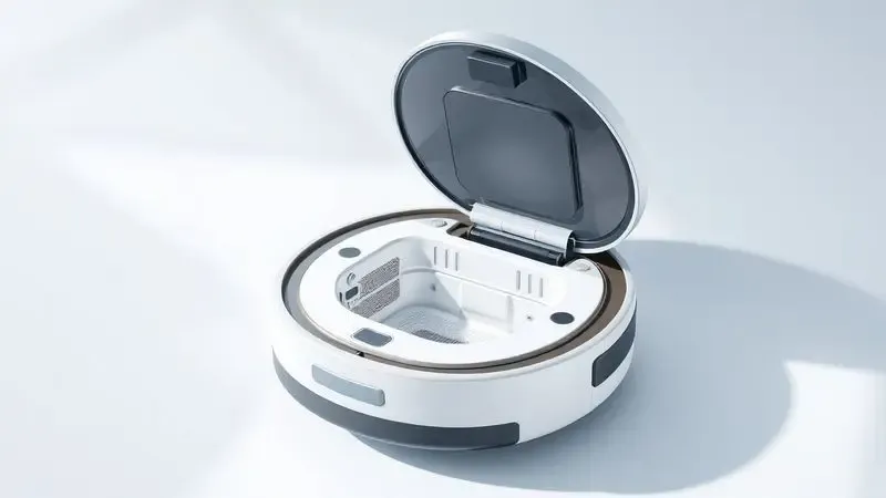 Ilustração de um robô aspirador com o reservatório de poeira aberto demonstrando facilidade de limpeza.