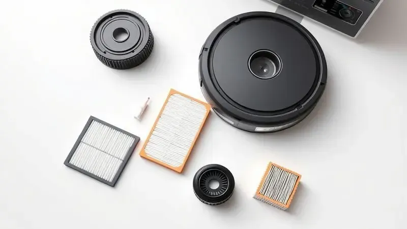 Representação artística de componentes de manutenção de um robô aspirador como escovas e filtros organizados.
