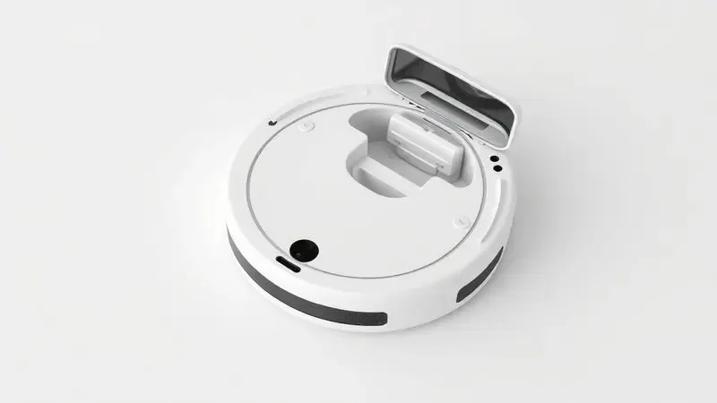 Ilustração digital de um aspirador robô genérico em um processo de limpeza de filtro e reservatório.