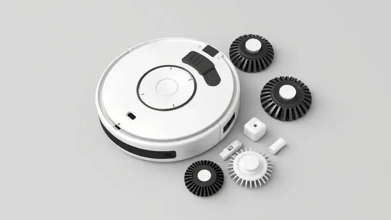 Componentes internos e escovas de um robô aspirador dispostos de forma organizada para limpeza e manutenção.