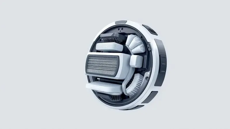 Ilustração técnica e artística das escovas e componentes internos de um robô aspirador para manutenção.