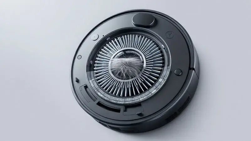 Ilustração técnica mostrando a limpeza das escovas internas de um robô aspirador para remoção de pelos presos.