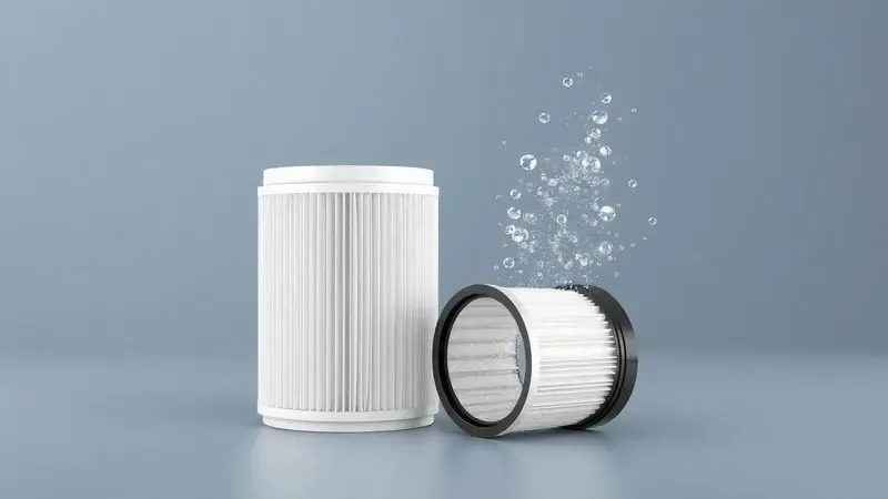 Ilustração conceitual destacando a facilidade de limpeza do filtro HEPA e do reservatório de sujeira.