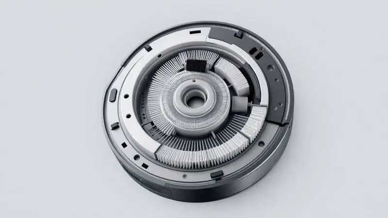 Renderização 3D das peças internas e filtros de um robô aspirador em vista explodida artística para manutenção.