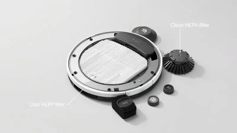 Ilustração de componentes de manutenção de robô aspirador, com foco em filtro HEPA e escovas rotativas em uma superfície limpa.