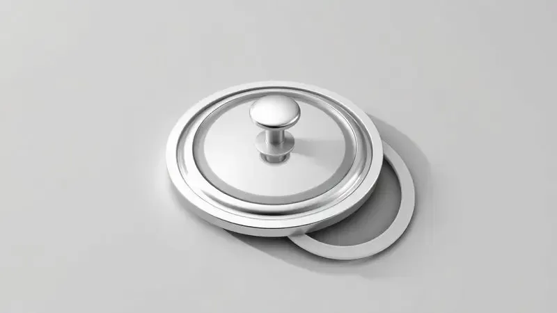 Renderização 3D focada nos componentes de vedação e válvulas de uma panela para demonstrar manutenção e durabilidade.