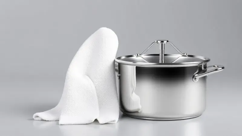 Ilustração de limpeza e manutenção de panelas de inox com pano de microfibra.