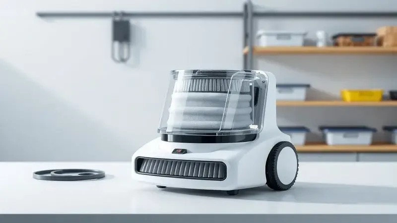 Visualização conceitual de peças de reposição e limpeza para manutenção de aspirador robô.