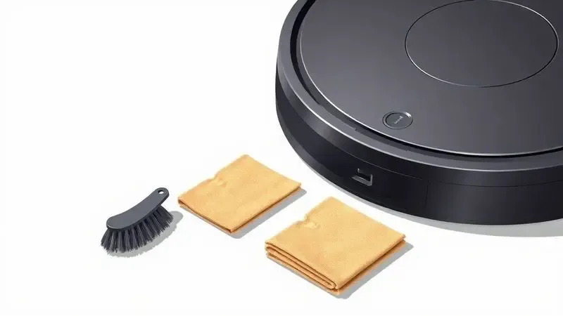 Kit de limpeza e manutenção preventiva organizado ao lado de um robô aspirador genérico.