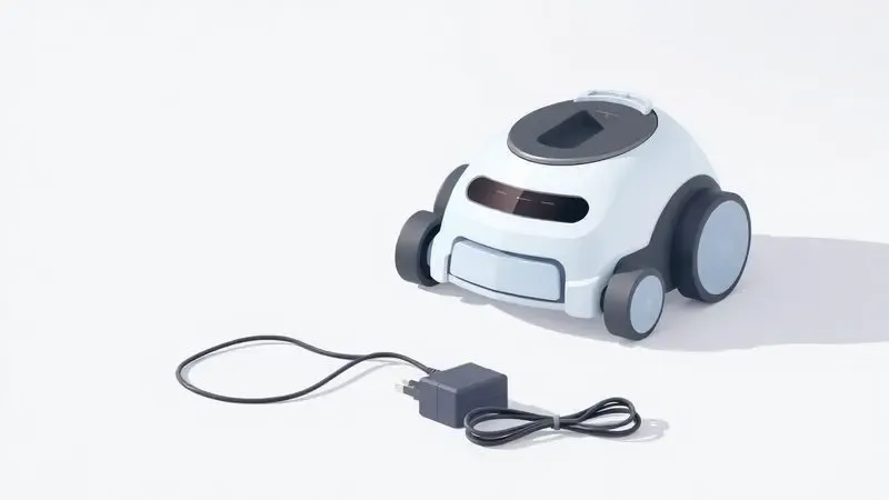 Ilustração conceitual de um aspirador robô e sua fonte de energia para manutenção e resolução de problemas.