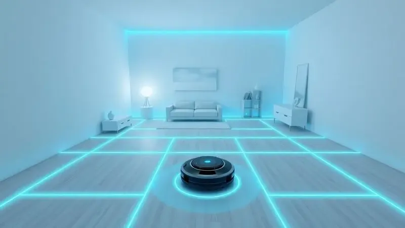 Renderização 3D mostrando o mapeamento inteligente a laser de um robô aspirador em uma sala de estar moderna.