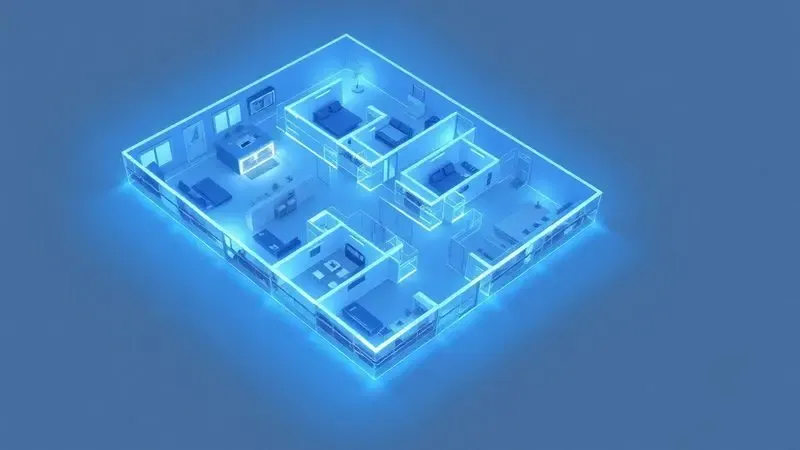 Mapa digital holográfico de uma planta residencial moderna destacando o mapeamento inteligente de um dispositivo robótico.