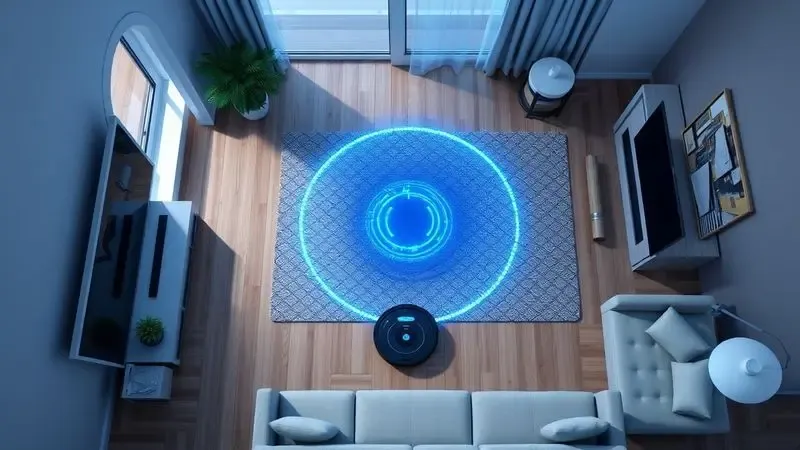 Representação visual de um mapa digital azul sobre uma sala de estar, simbolizando o sistema de sensores e mapeamento inteligente.