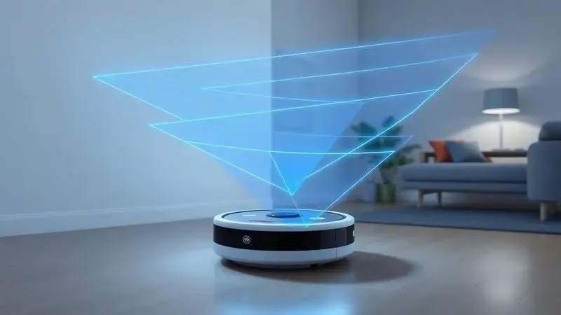 Ilustração tecnológica mostrando as luzes de sensores e o mapeamento inteligente de um robô aspirador.