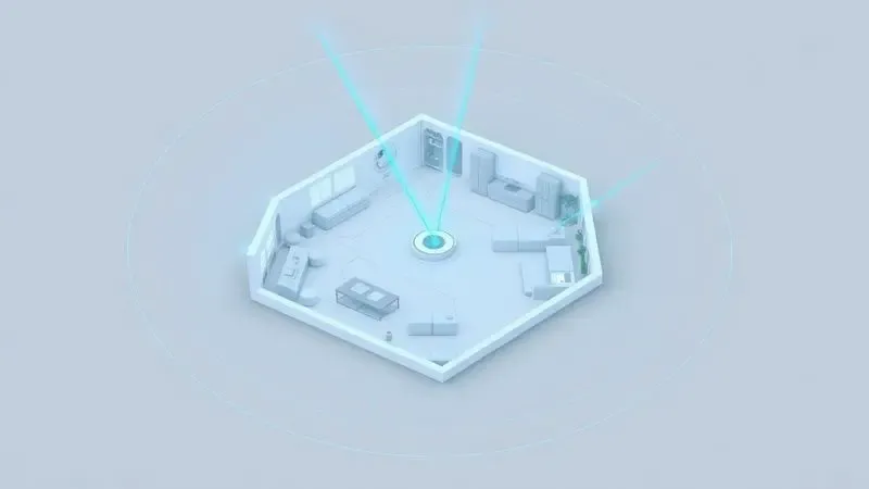 Ilustração digital de um plano de casa sendo mapeado por feixes de luz laser saindo de um ponto central inteligente.