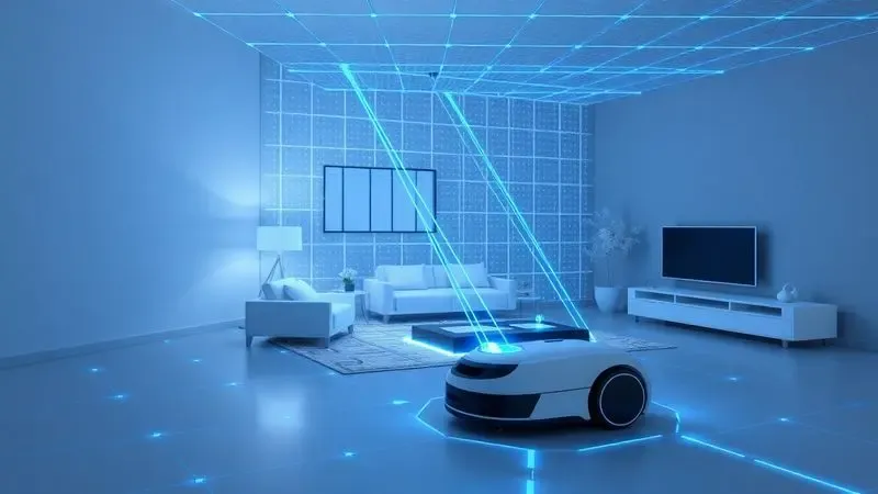 Representação digital de sensores de mapeamento e inteligência artificial de um robô aspirador em uma sala.