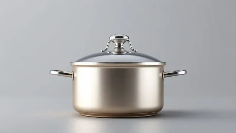 Representação 3D de uma panela de alta qualidade com tampa de vidro simbolizando durabilidade e design em uma cozinha moderna.