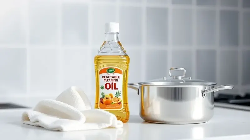 Renderização 3D de elementos de limpeza como óleo, pano macio e água morna próximos a uma panela genérica.