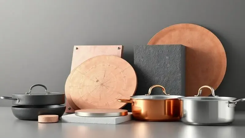 Representação artística em 3D de diferentes materiais industriais como cobre fundido e aço polido usados na tecnologia de panelas.