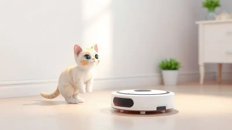Ilustração artística de um gato doméstico observando um robô aspirador genérico limpando o chão de forma silenciosa.