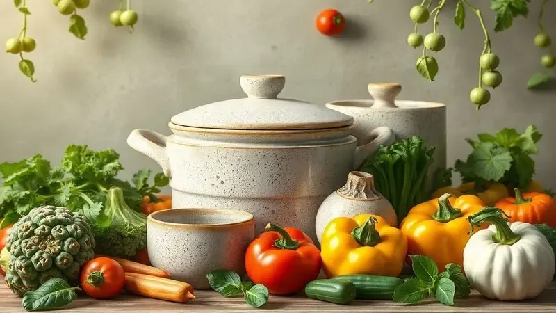 Ilustração de panelas de cerâmica e pedras naturais com vegetais frescos destacando opções saudáveis para cozinhar.