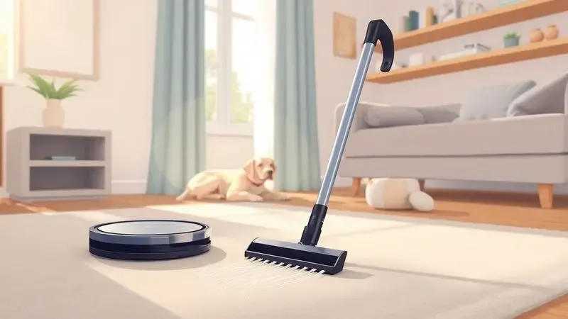 Ilustração de robô aspirador removendo com eficiência pelos de animais em um tapete de sala de estar.