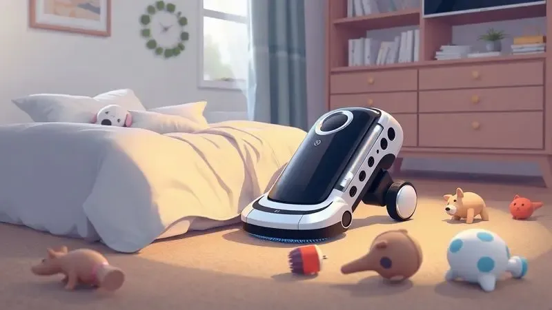 Renderização artística de um robô aspirador limpando próximo a um cachorro descansando em uma sala aconchegante.