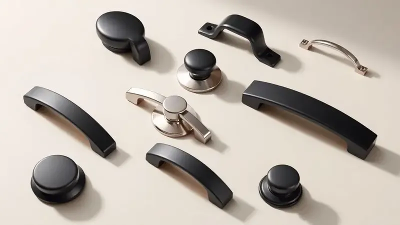 Ilustração artística de diferentes materiais para cabos de panela como baquelite e metal em fundo neutro.