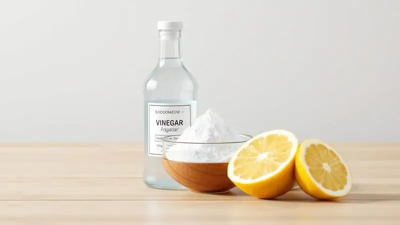 Representação artística de ingredientes naturais de limpeza como vinagre, bicarbonato e limão em uma superfície de madeira.
