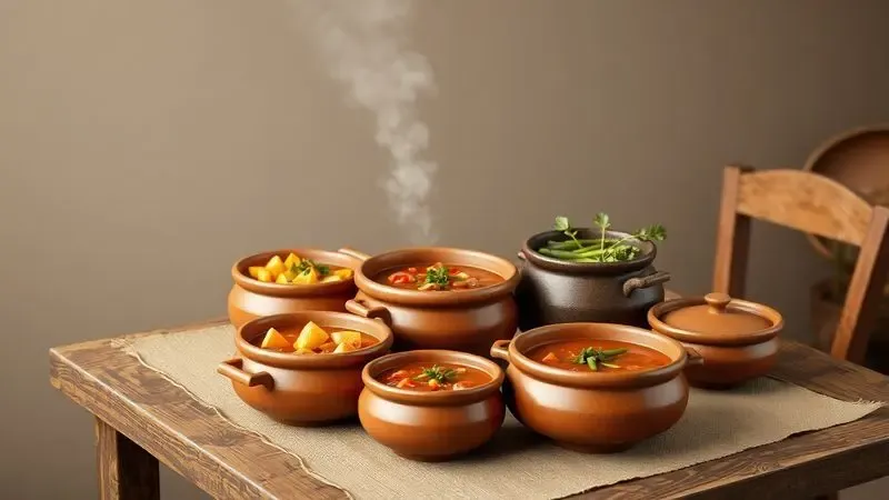 Representação artística de diversos pratos tradicionais servidos em potes de barro sobre uma mesa rústica.