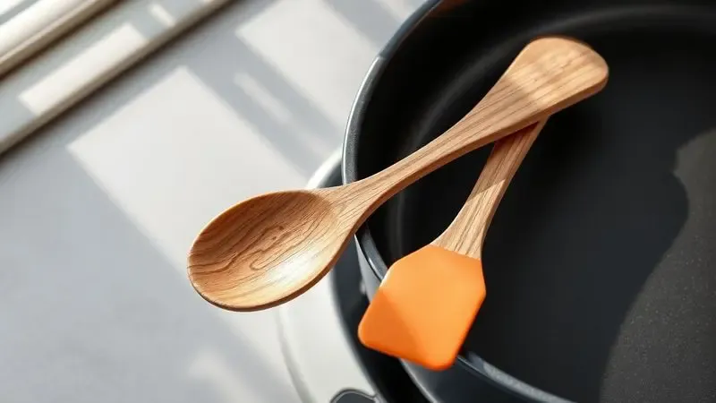 Utensílios de cozinha de madeira e silicone próximos a uma panela, ideais para não danificar o revestimento antiaderente.