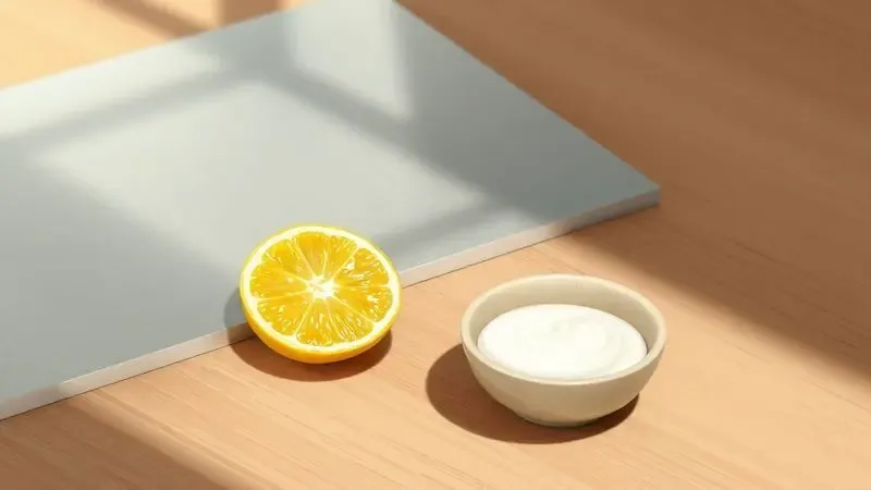 Ilustração de ingredientes naturais como limão e uma pasta de limpeza próximos a uma superfície de metal polido.