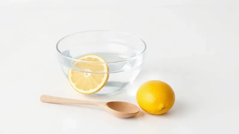 Renderização 3D minimalista de ingredientes naturais de limpeza como fatias de limão e um recipiente de vidro com vinagre branco.